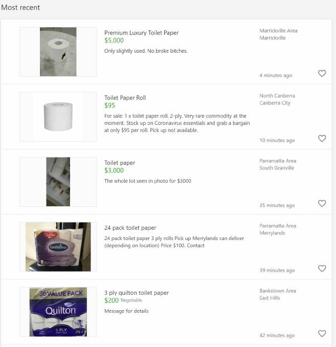 Some are jokingly selling their toilet paper for thousands of dollars amid the shortage. Picture: Gumtree