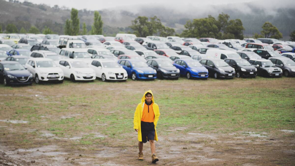 The Manheim auction house was one of several to set up storage facilities at Majura Park for thousands of hail-damaged cars. Picture: Dion Georgopoulos