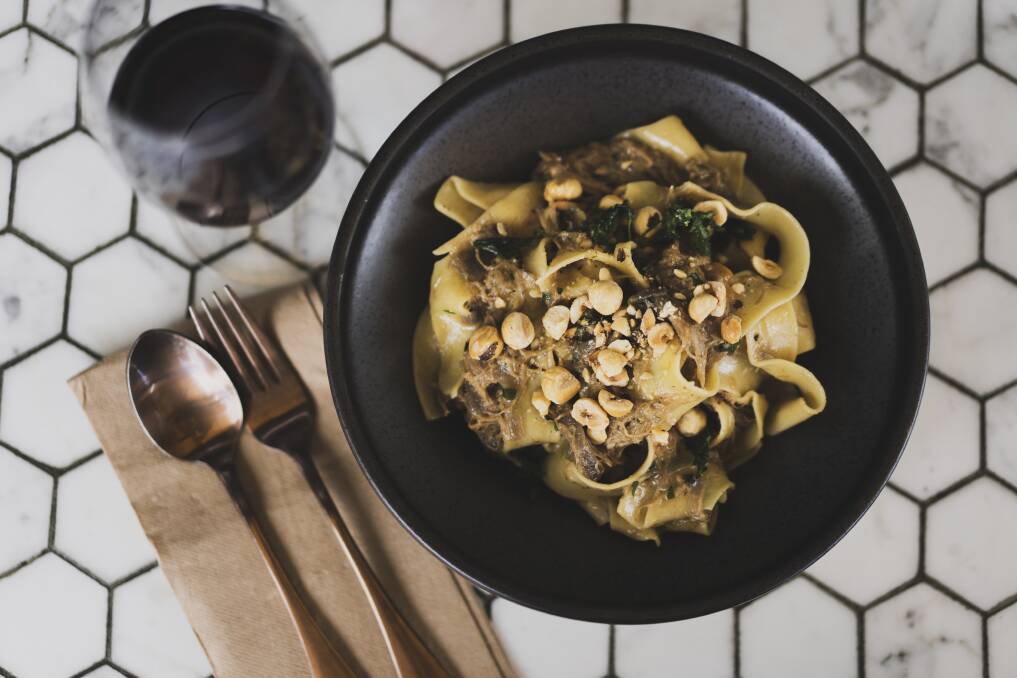 Pappardelle All'anatra, 12-hour slow-cooked duck, white wine, parsley and hazelnuts served with ribbons of pasta. Picture: Dion Georgopoulos 