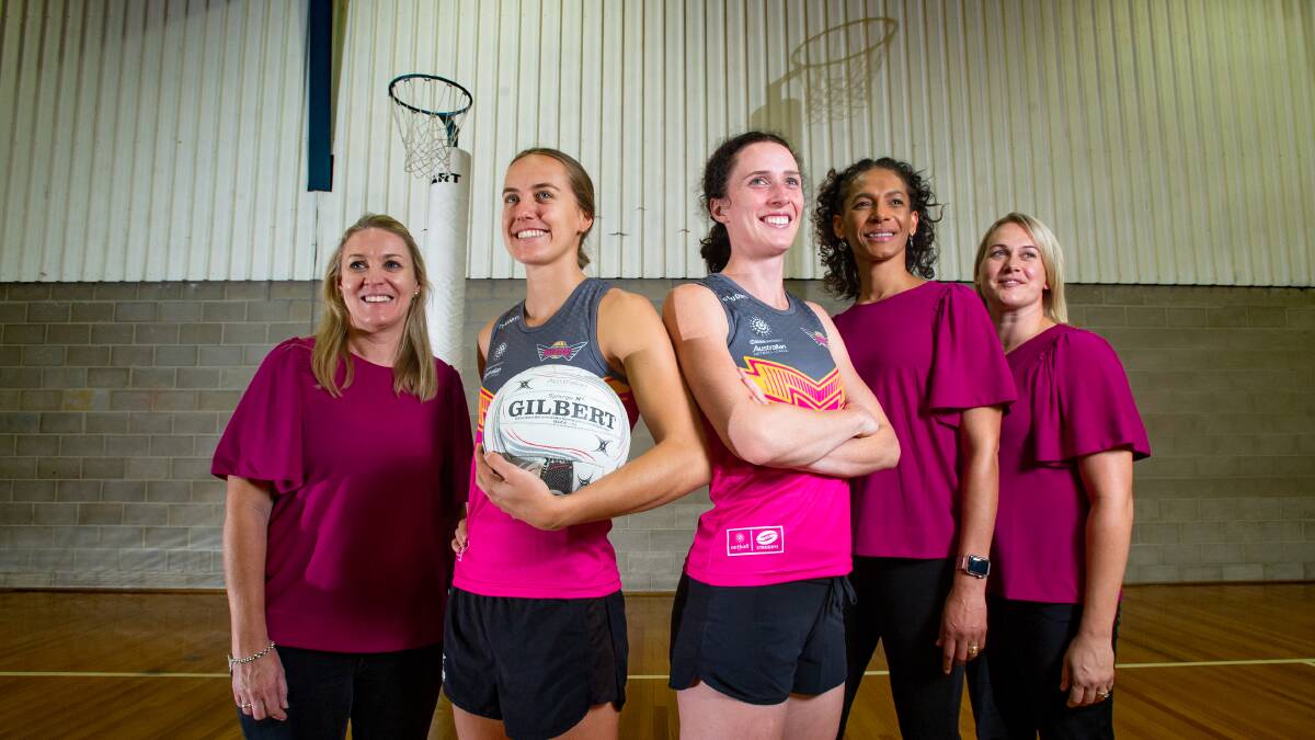 Capital Darters coaches Christine Voge, Bronwyn Bock Jonathan, Jessica Whitfort with players Georgia Clayden and Leigh Kalsbeek at the Netball ACT launch. Picture: Elesa Kurtz