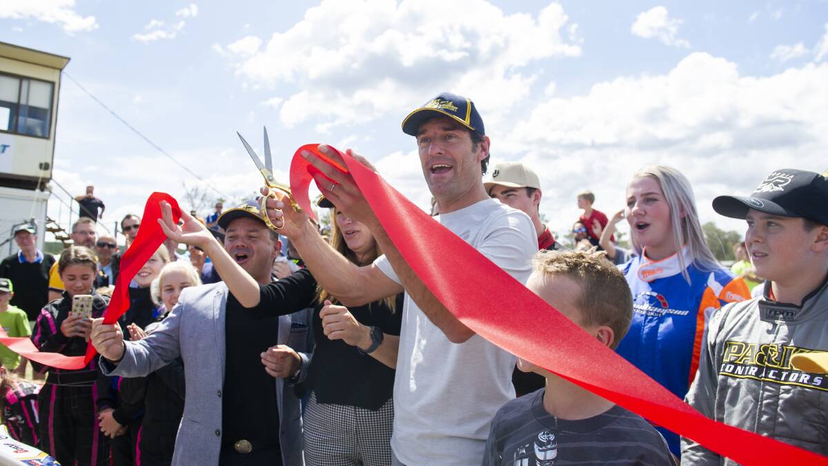 Mark Webber opens the extended 1110-metre Canberra Kart Racing Club track, now renamed Circuit Mark Webber. Picture: Dion Georgopoulos