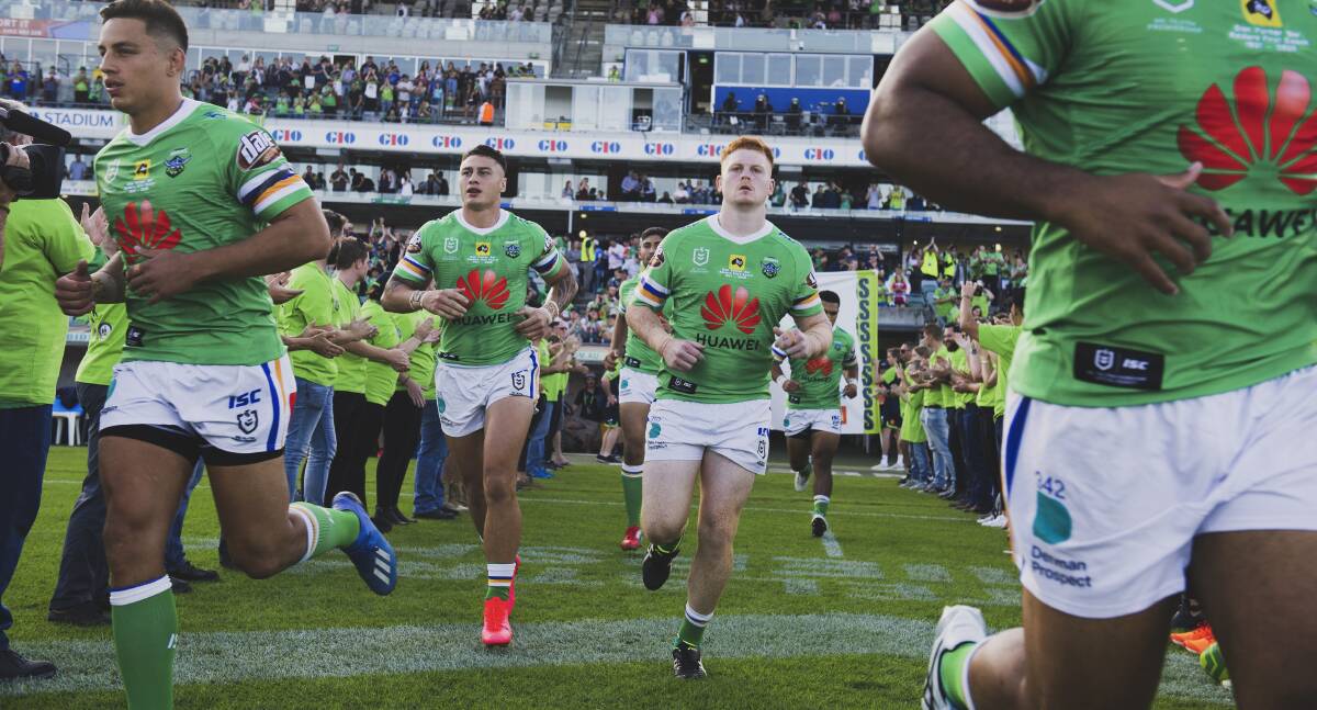 The Raiders will run onto Canberra Stadium shortly after the Super Rugby AU decider. Picture: Dion Georgopoulos
