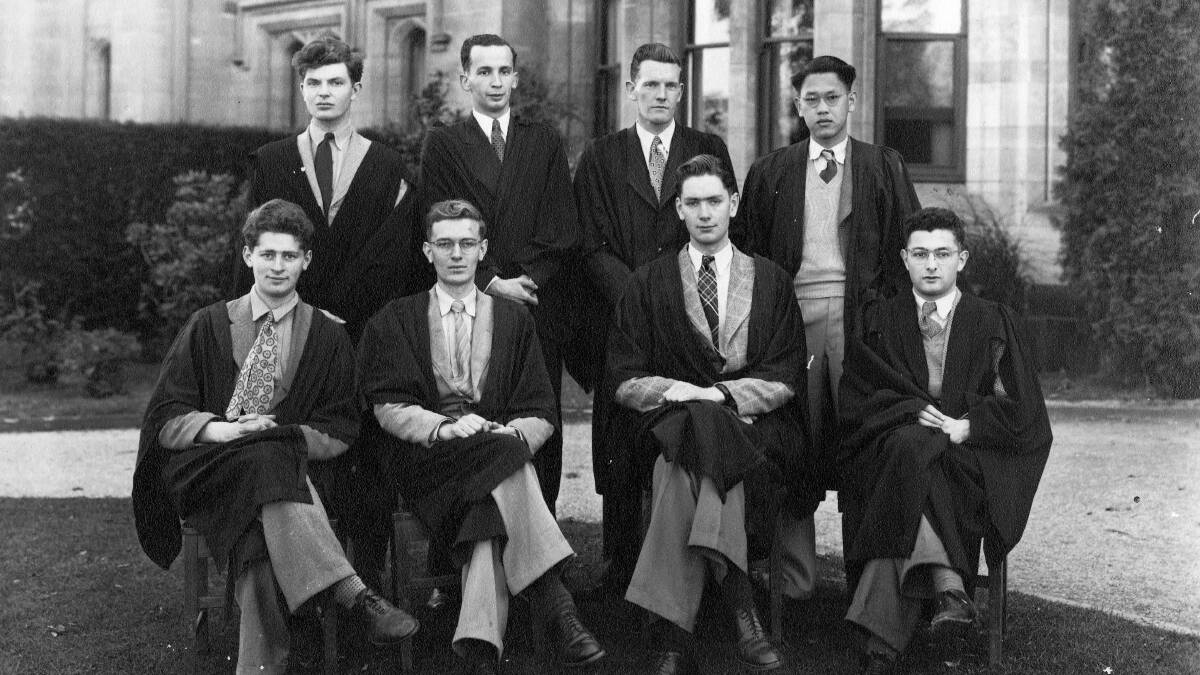 First encounters: Ken Inglis (front row, second from right), shown here in a group of Queens College students who had done well in their exams. The group includes Arthur Huck (front row, second from left), Max Corden (front row, extreme right) and Dunera internee George Nadel (back row, second from left). Picture: Supplied