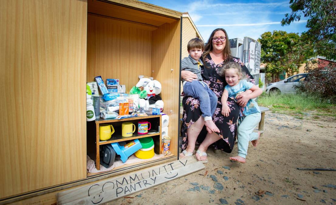 Jessica Kremp with her children Luke Morosi, 2, and Clea Morosi, 4, has created a "street pantry" outside her home in Richardson. Picture: Elesa Kurtz