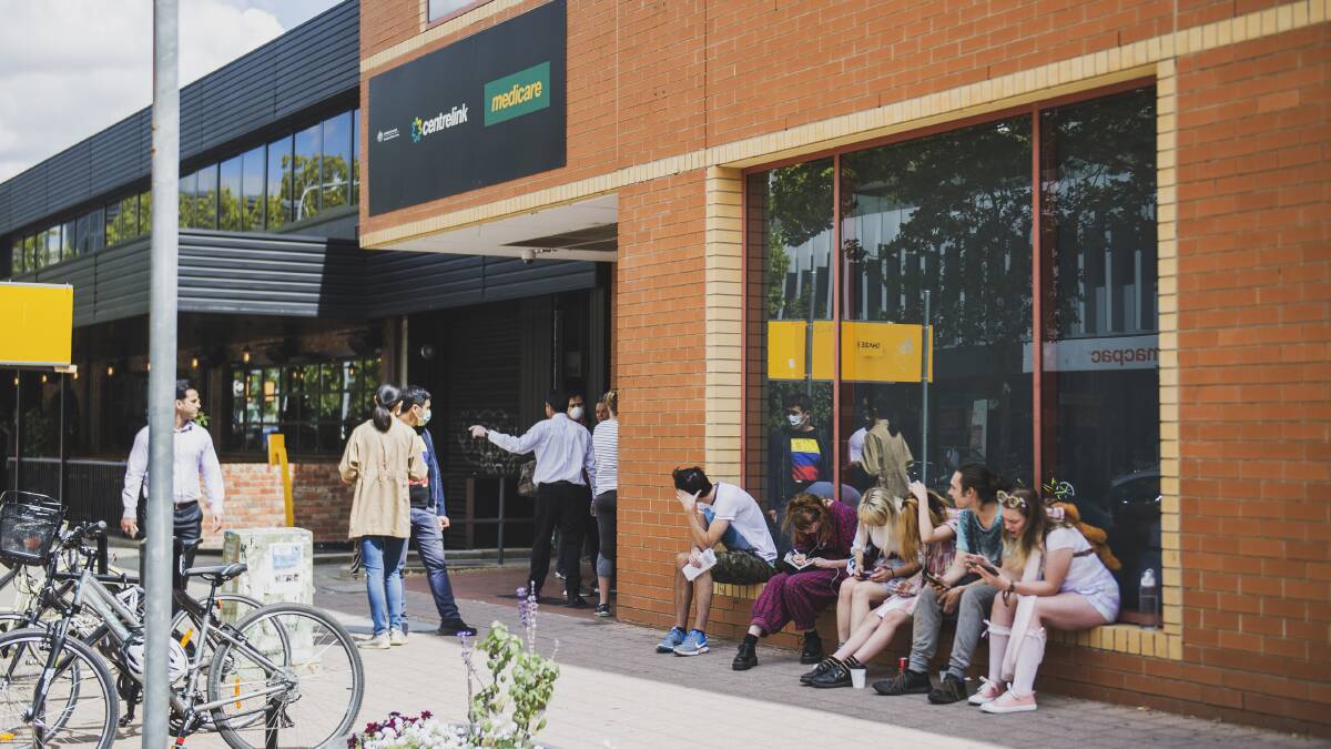 Lines outside Centrelink in Braddon in March after the coronavirus shutdown came into force. Picture: Dion Georgopoulos 