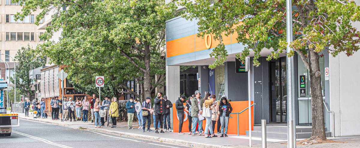 Queues at the Woden Centrelink in March. This is a level of joblessness we haven't seen since the Great Depression. Picture: Karleen Minney