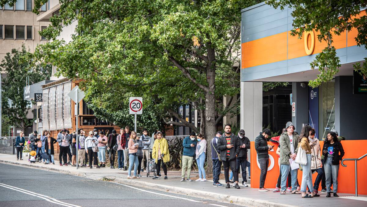 Queues at the Woden Centrelink in late March. If we are all in this together nobody should be left behind. Picture: Karleen Minney.