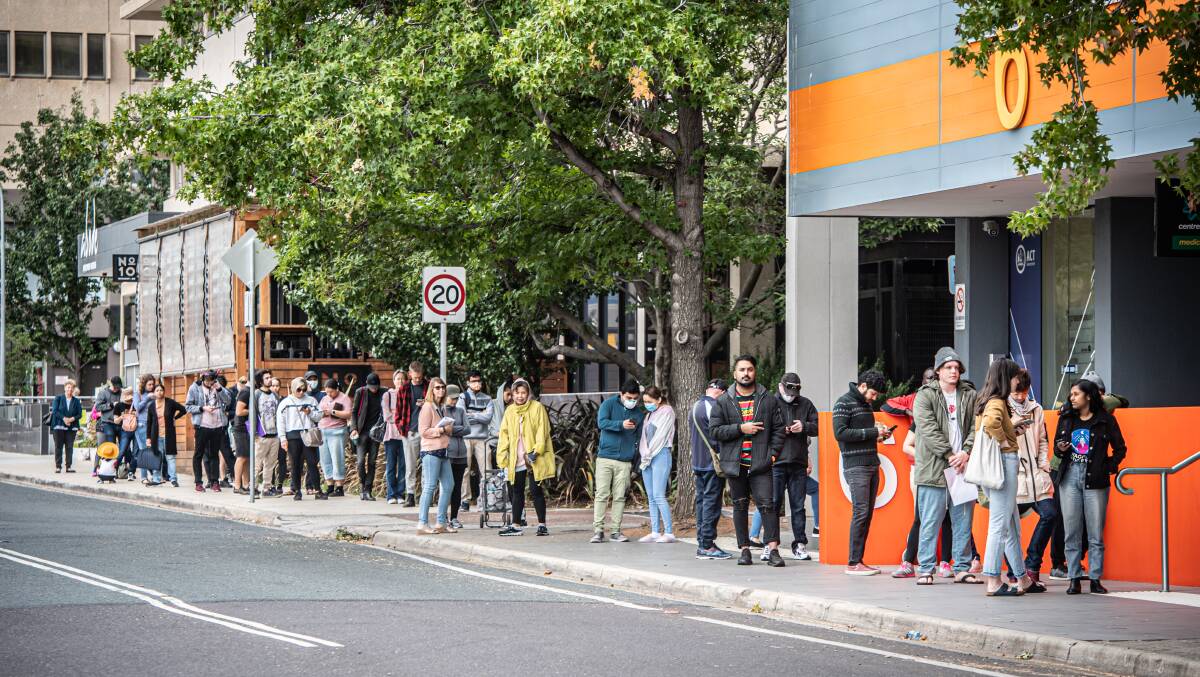 Queues at the Centrelink in Woden. The idea of a Universal Basic Income looks set to gain interest in Australia after COVID-19 restrictions forced people into unemployment. Picture: Karleen Minney