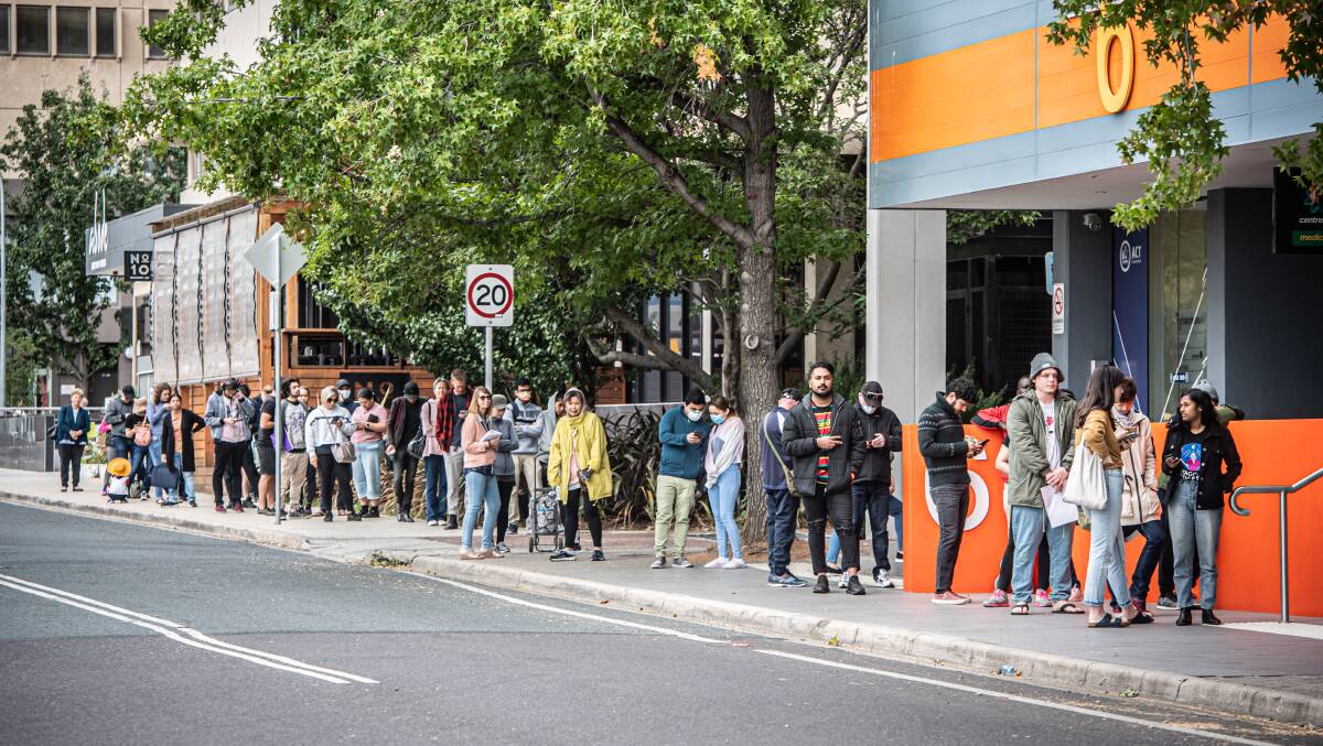 Queues at the Woden Centrelink in March amid industry-wide shutdowns due to COVID-19. Picture: Karleen Minney,