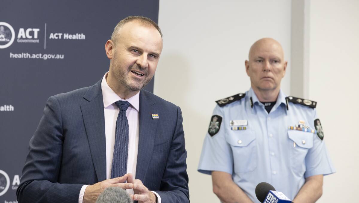 ACT Chief Minister Andrew Barr and ACT Chief Police Officer Ray Johnson earlier this month. The ACT will work with NSW in any changes to social distancing laws. Picture: Sitthixay Ditthavong