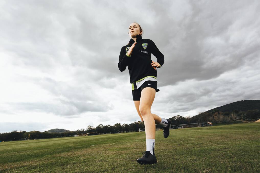 Canberra United player Laura Hughes has been training by herself. Picture: Jamila Toderas