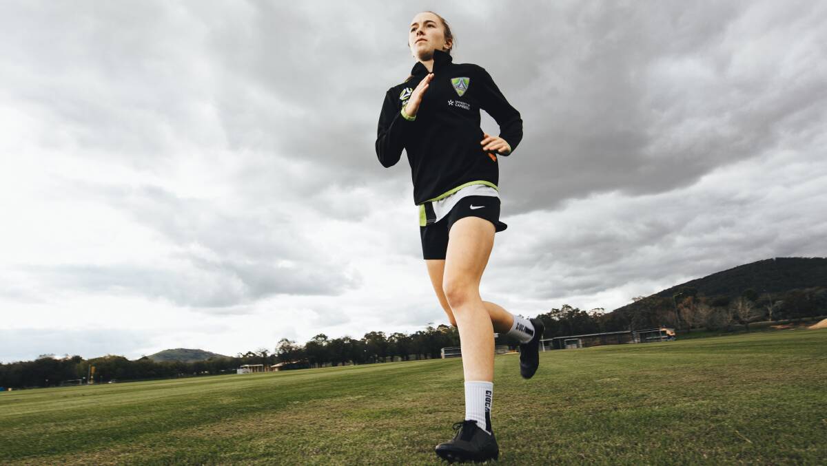 Canberra United midfielder Laura Hughes has been training by herself while there's no football to play. Picture: Jamila Toderas