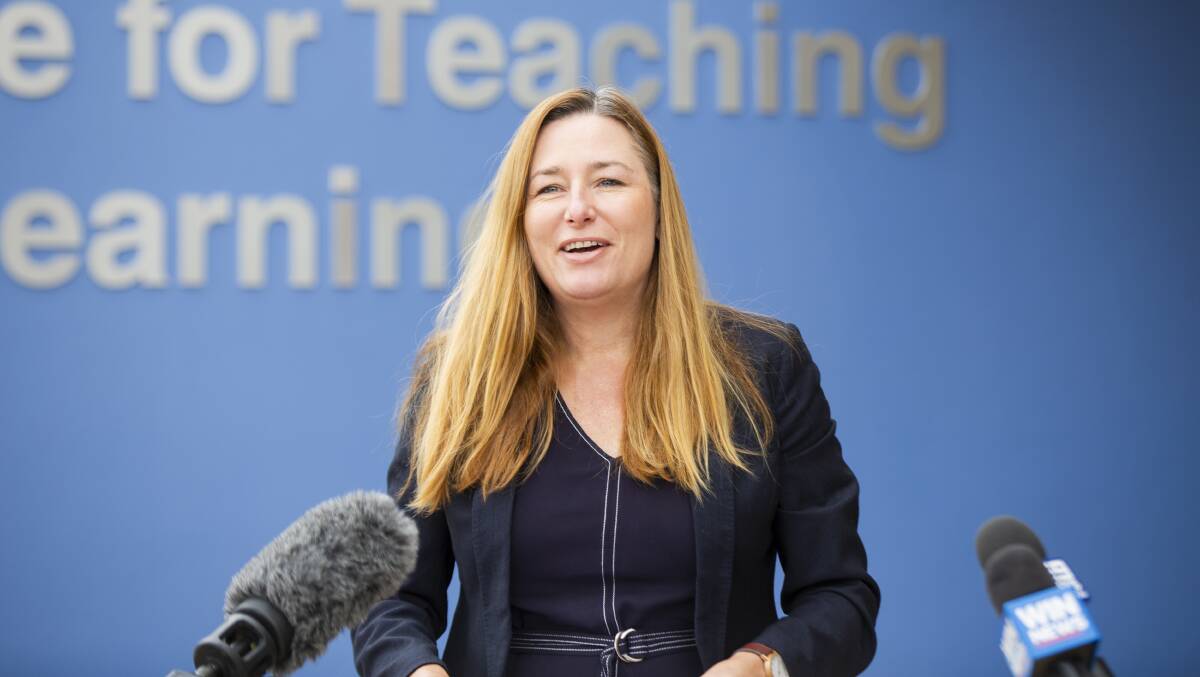 Minister for Education and Early Childhood Development Yvette Berry provides an update on Term 2 for ACT Public Schools. Picture: Jamila Toderas