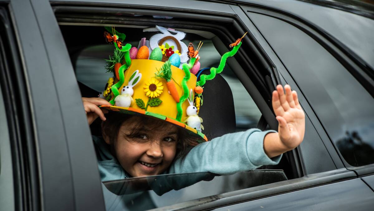 Good Shepherd Catholic Primary School Year 1 student Chloe Tomaz- Barnes participates in the annual Easter hat parade from a safe distance. Picture: Karleen Minney