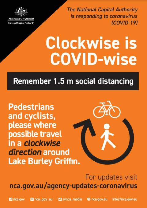 Signs such as these will be placed around Lake Burley Griffin, urging people to exercise in a clockwise direction only around it. Picture: NCA