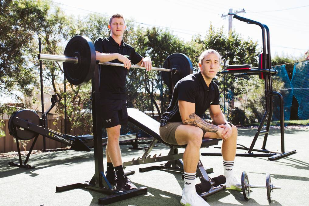 Physiologists Harry Block and Michael Peterson have set up a backyard gym. Picture: Jamila Toderas 