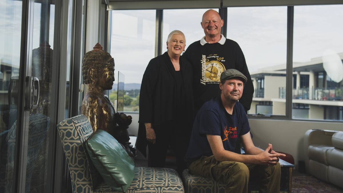 Sheryle and Ollie Moon with Brad Jones at their Kingston Foreshore apartment during lockdown in Canberra. Picture: Dion Georgopoulos