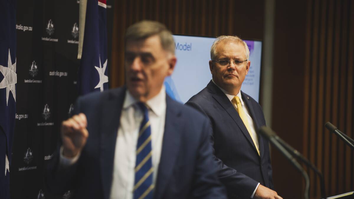Chief Medical Officer Brendan Murphy and Prime Minister Scott Morrison present an update on the impact of COVID-19. Political leaders are embracing public service expertise during the pandemic. Picture: Dion Georgopoulos