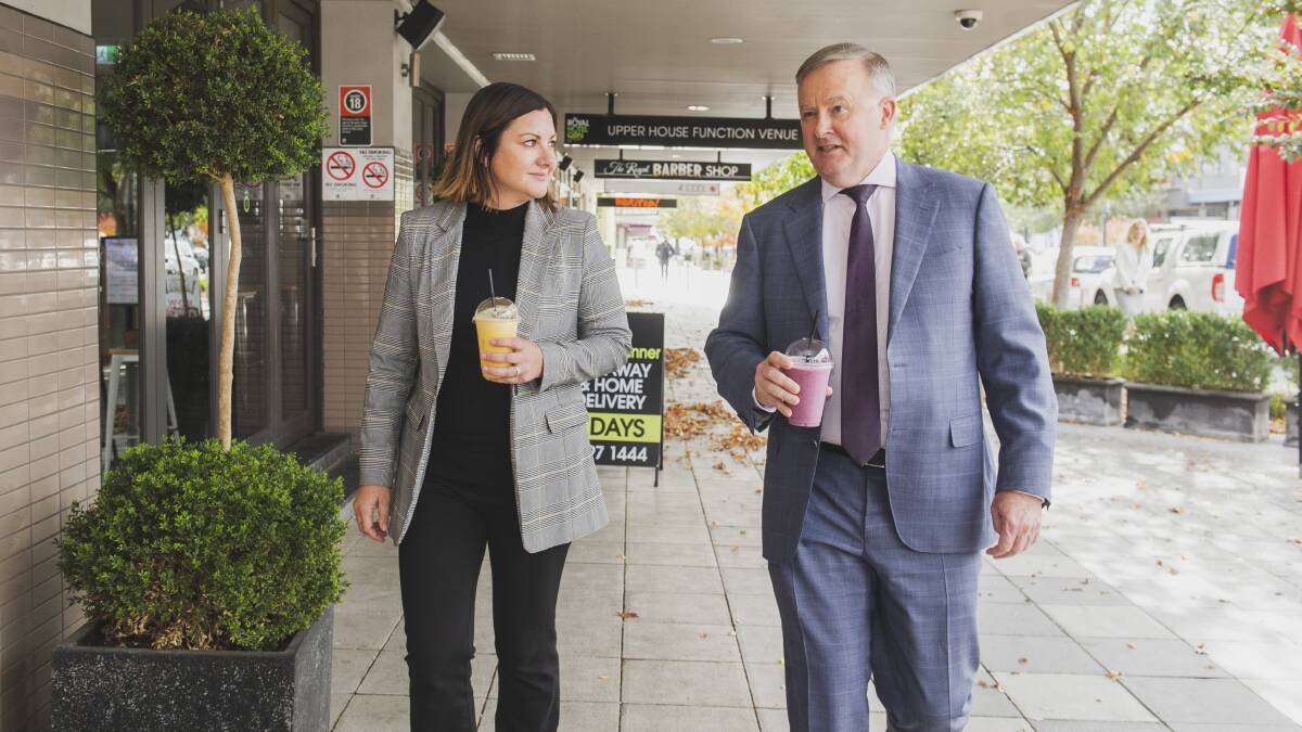 Labor candidate Kristy McBain and leader Anthony Albanese in Queanbeyan last week. Picture: Dion Georgopoulos