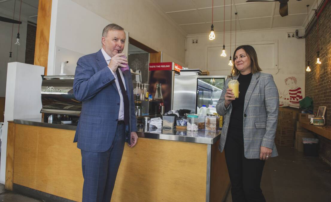 Labor leader Anthony Albanese and former Bega Valley mayor Kristy McBain campaigning in Queanbeyan. Picture: Dion Georgopoulos