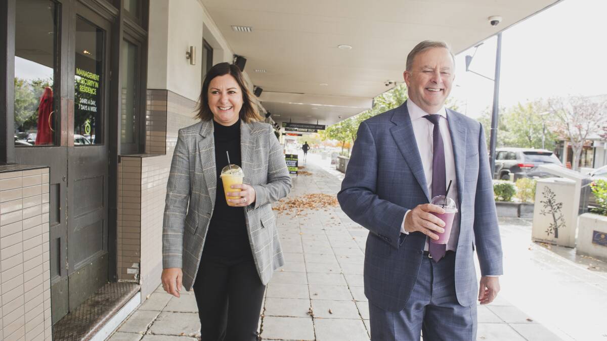 Bega Valley mayor Kristy McBain and Labor Leader Anthony Albanese in Queanbeyan on Friday. Councillor McBain will seek preselection to run for the seat of Eden-Monaro at the upcoming byelection. Picture: Dion Georgopoulos