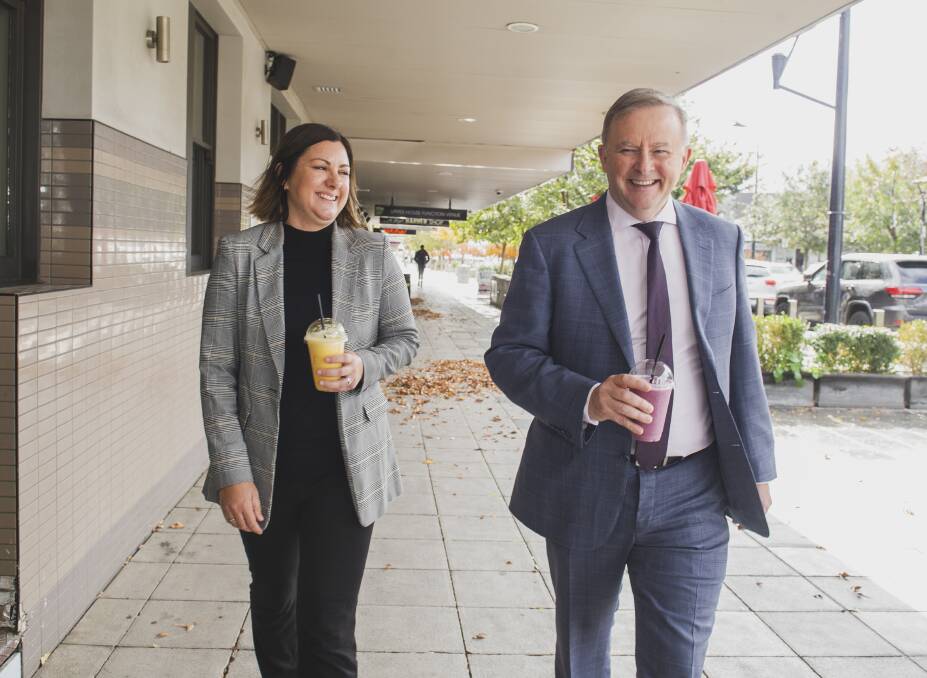 Opposition leader Anthony Albanese and Labor Eden-Monaro candidate Kristy McBain have pledged that a Labor government would reverse ABC funding cuts. Picture: Dion Georgopoulos