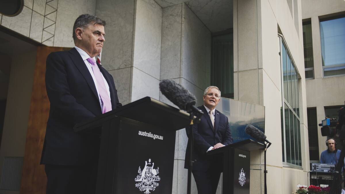 Then chief medical officer Brendan Murphy and Prime Minister Scott Morrison outline Australia's COVID-19 response in May. Picture: Dion Georgopoulos
