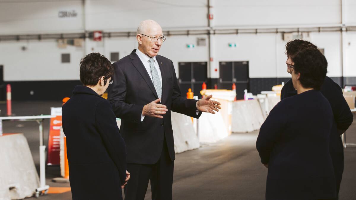 Governor-General David Hurley visits medical staff at the EPIC drive-through testing clinic. Picture: Jamila Toderas