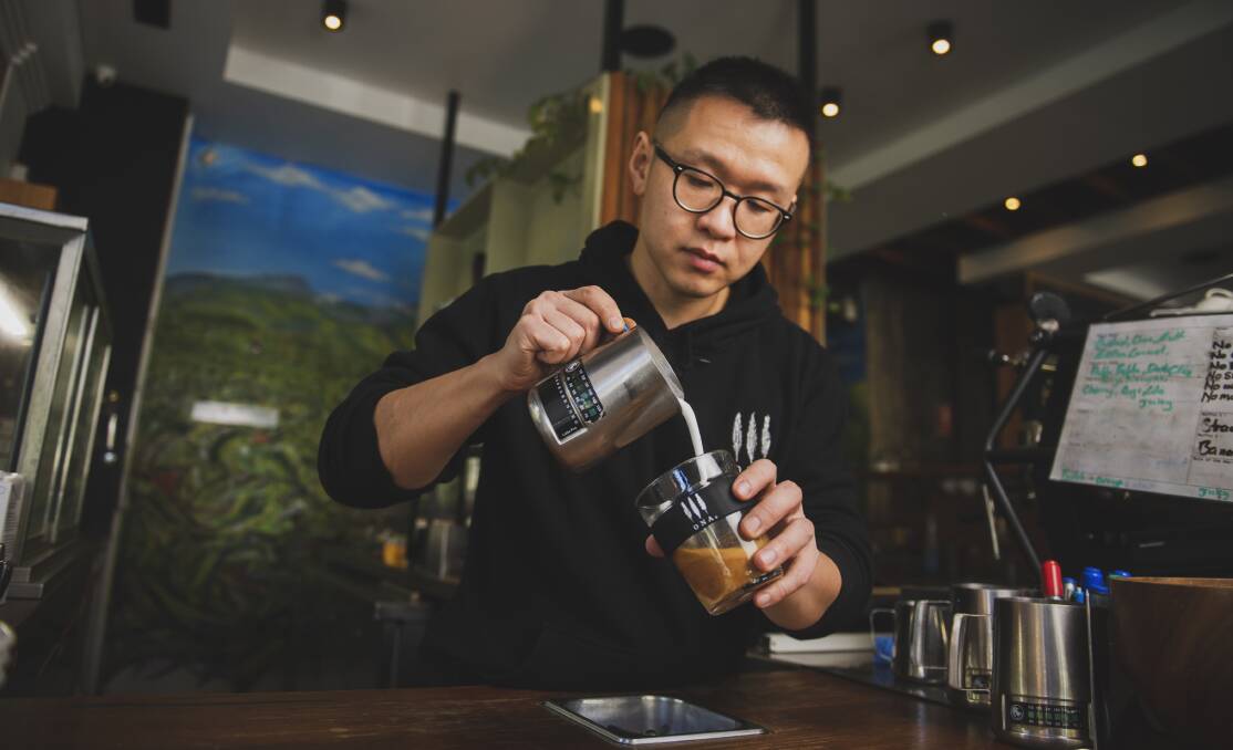 Barista Stephen Sun at The Cupping Room where keep cups were welcomed back this weekend. Picture: Dion Georgopoulos