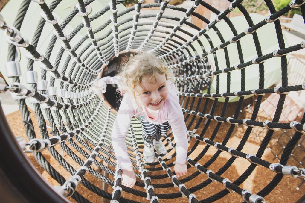 Jessica Carey, 4, plays at the Arboretum Pod Playground on Saturday after social distancing restrictions were eased. Picture: Dion Georgopoulos
