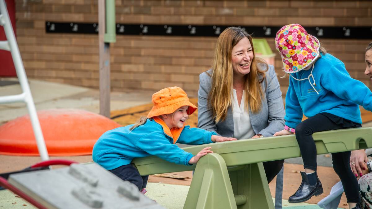 Minister for Education and Early Childhood Development Yvette Berry visits Southern Cross Early Childhood School for their first day back to on-campus learning in May. Picture: Karleen Minney