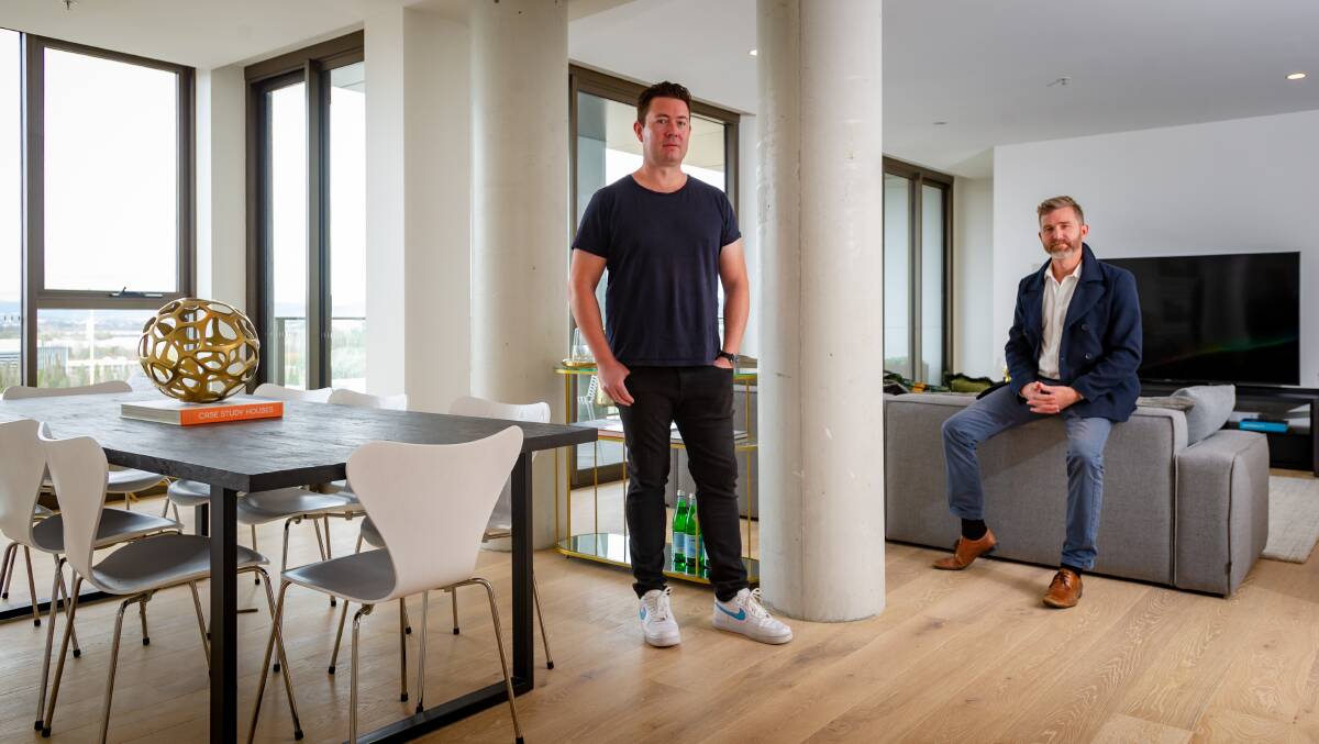 Crafted Development director Matt James and manager Rob Speight in a penthouse at the Capitol Residences. Picture: Elesa Kurtz 
