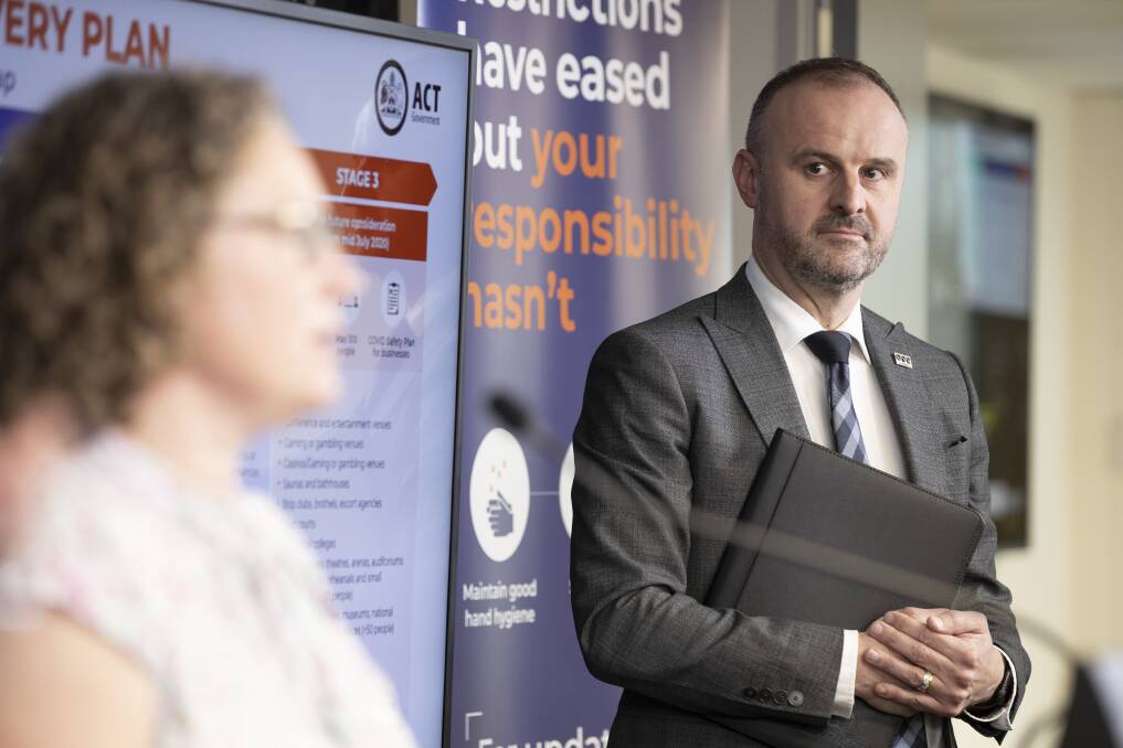 Chief Minister Andrew Barr has praised the two women who have steered the ACT through 2020's biggest crises - Emergency Services Agency commissioner Georgeina Whelan and Chief Health Officer Kerryn Coleman. Picture: Sitthixay Ditthavong