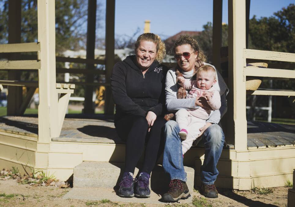 Braidwood residents Shannon Ricketts, Donna Sherriff, and baby, Elsie. Picture: Dion Georgopoulos