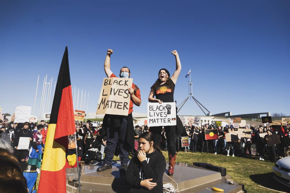 Black Lives Matter protest at the Parliament House in Canberra. Picture: Dion Georgopoulos