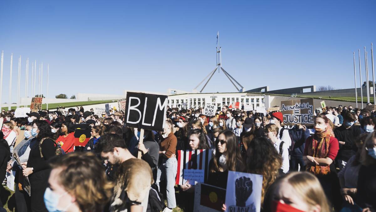 Black Lives Matter protesters outside Parliament House in Canberra on June 5. Picture: Dion Georgopoulos