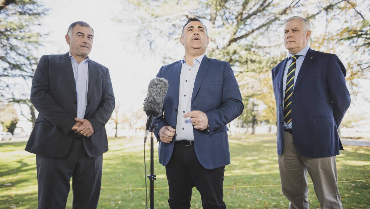 NSW Nationals Leader John Barilaro, centre, and Deputy Prime Minister Michael McCormack, right, with Eden-Monaro candidate Trevor Hicks. Picture: Dion Georgopoulos