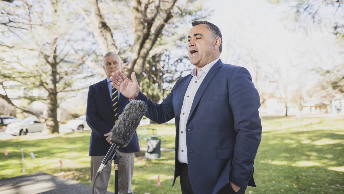 NSW Deputy Premier John Barilaro speaks before the Eden-Monaro byelection as Deputy Prime Minister Michael McCormack looks on. Picture: Dion Georgopoulos