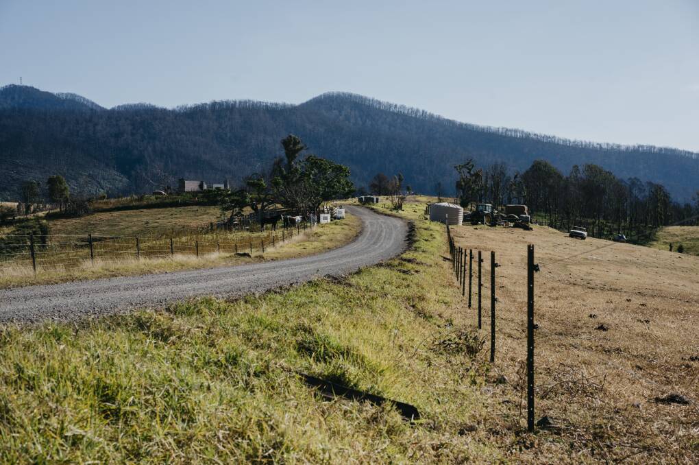 New fencing, much of it courtesy of Blaze Aid and other volunteers, runs around the Wandella foothills after the firestorm levelled was was there previously. Picture: Dion Georgopoulos