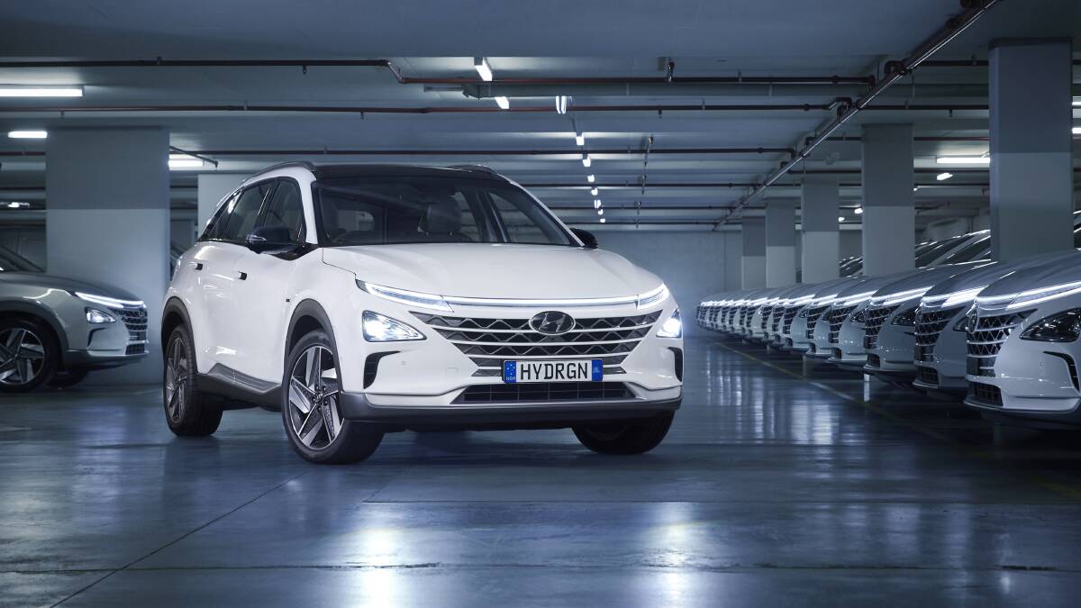 The 20-strong fleet of Hyundai Nexo hydrogen cars, stored in Sydney and bound for the ACT soon.