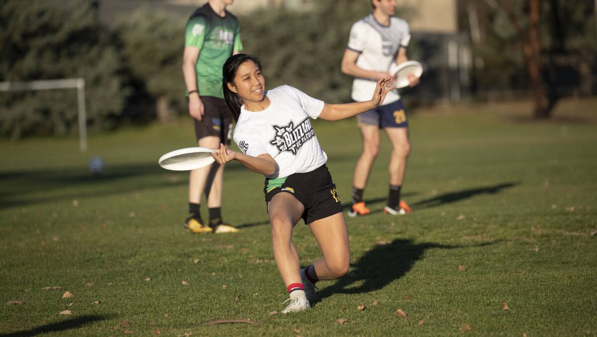 UC Belconnen Blizzard's Angie To gets some practise in ahead of Canberra's Ultimate Frisbee Premier League start this weekend. Picture: Sitthixay Ditthavong