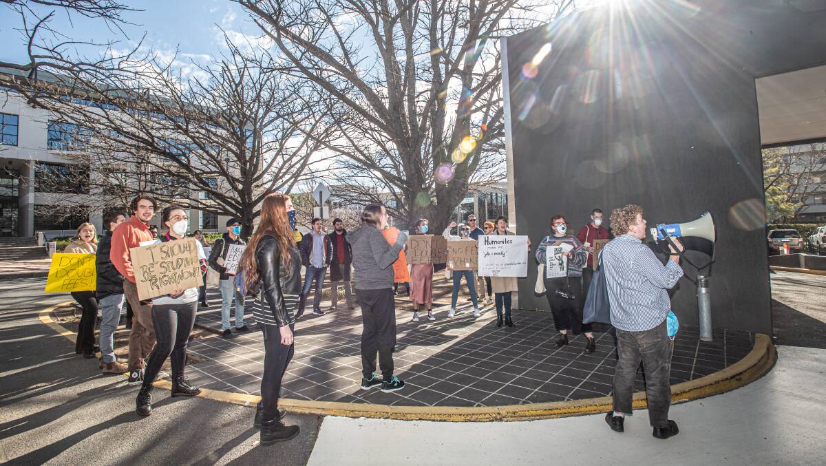 Students protest university fee changes in front of the National Press club, Barton. Picture: Karleen Minney