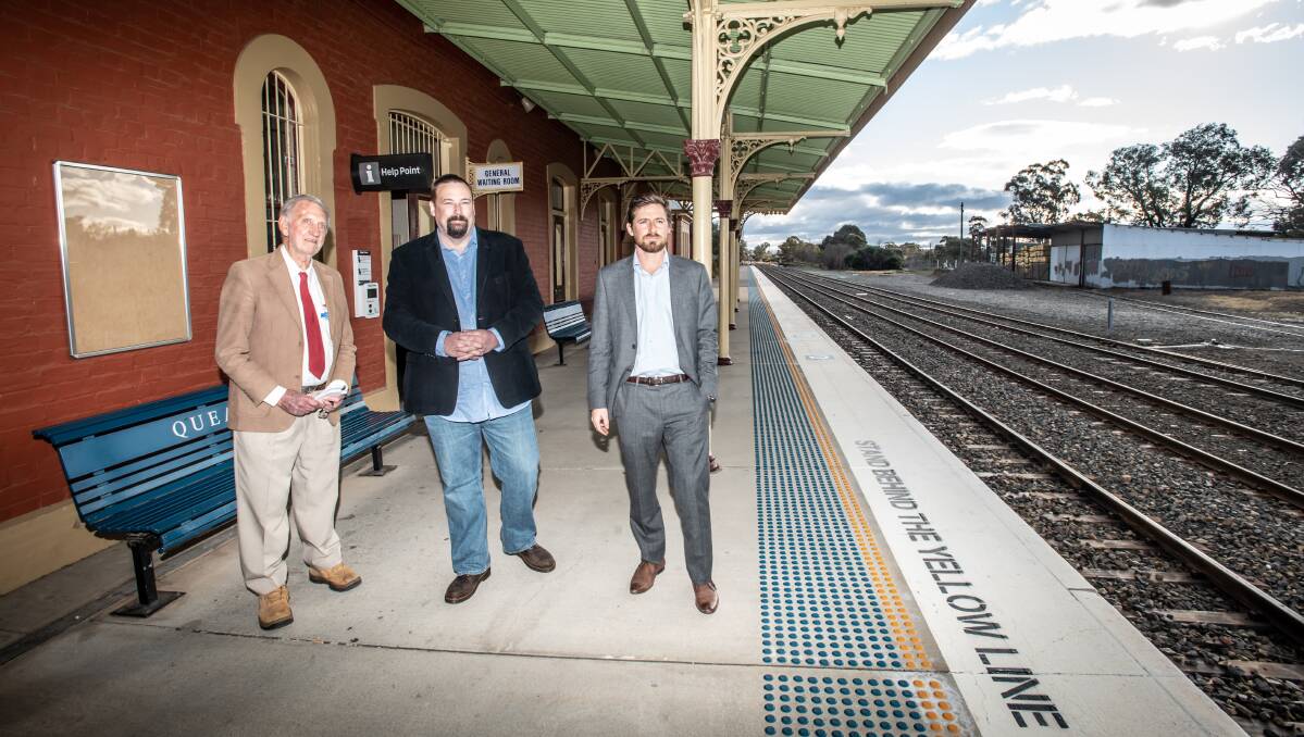 Geoff Bowland, from the Cooma-Monaro Progress Association, Federation Party candidate Jason Potter and engineer Edwin Michell call on the Prime Minister to commit to the Eden to Canberra rail project. Picture: Karleen Minney