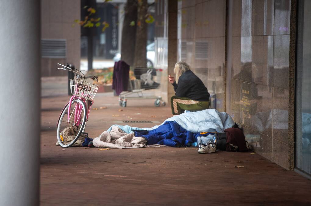 The homeless sleeping rough on Northbourne Avenue on Friday. Picture: Karleen Minney.