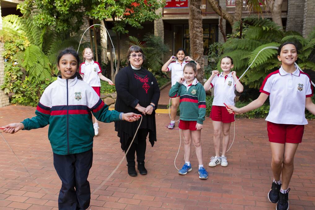 Canberra Girls Grammar School year 5 students take part in the Jump Rope program with chaplain Reverend Jenny Willsher. (L-R) Nevanti Wickramaratne, 10, Ella Smith, 11, Haram Usman, 10, Felicity Peppinck, 10, Darci Cadogan-Cowper, 10, and Marley Cannell, 11. Picture: Jamila Toderas 
