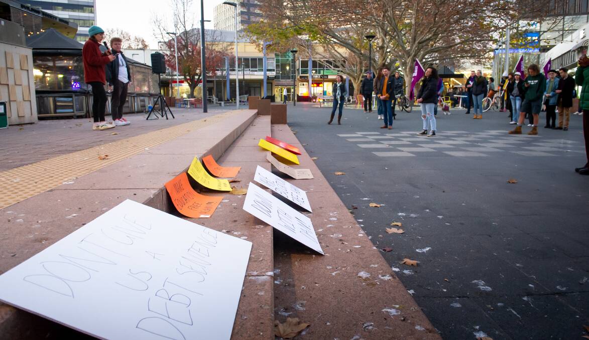 Students protest changes to university fees in Garema Place. Picture: Elesa Kurtz