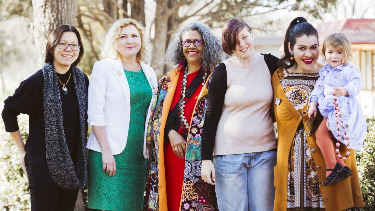 Tjanara Goreng Goreng (middle) will run in the next federal election. Pictured alongside (from left) Janet Wong of The Multicultural Greens Victoria, Candidate for Murrumbidgee Emma Davidson, Tjanara's niece Jasmine Nicolitis, and her daughter Arika Errington, and grandaughter Willa, 2. Picture: Jamila Toderas
