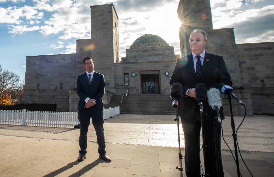 Senator Zed Seselja (left) with Australian War Memorial director Matt Anderson. Senator Seselja said the redevelopment of the War Memorial would not take any funds away from veterans supports. Picture: Karleen Minney, 