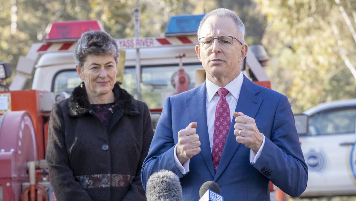 Liberal candidate for Eden-Monaro Fiona Kotvojs and Communications Minister Paul Fletcher at Yass River Volunteer Bush Fire Brigade on Wednesday. Picture: Sitthixay Ditthavong 