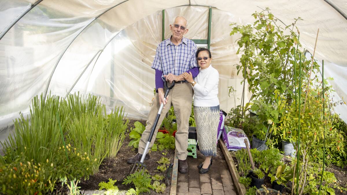 Jim Laity and Chanla Khanthavongsa in the greenhouse. Picture: Sitthixay Ditthavong